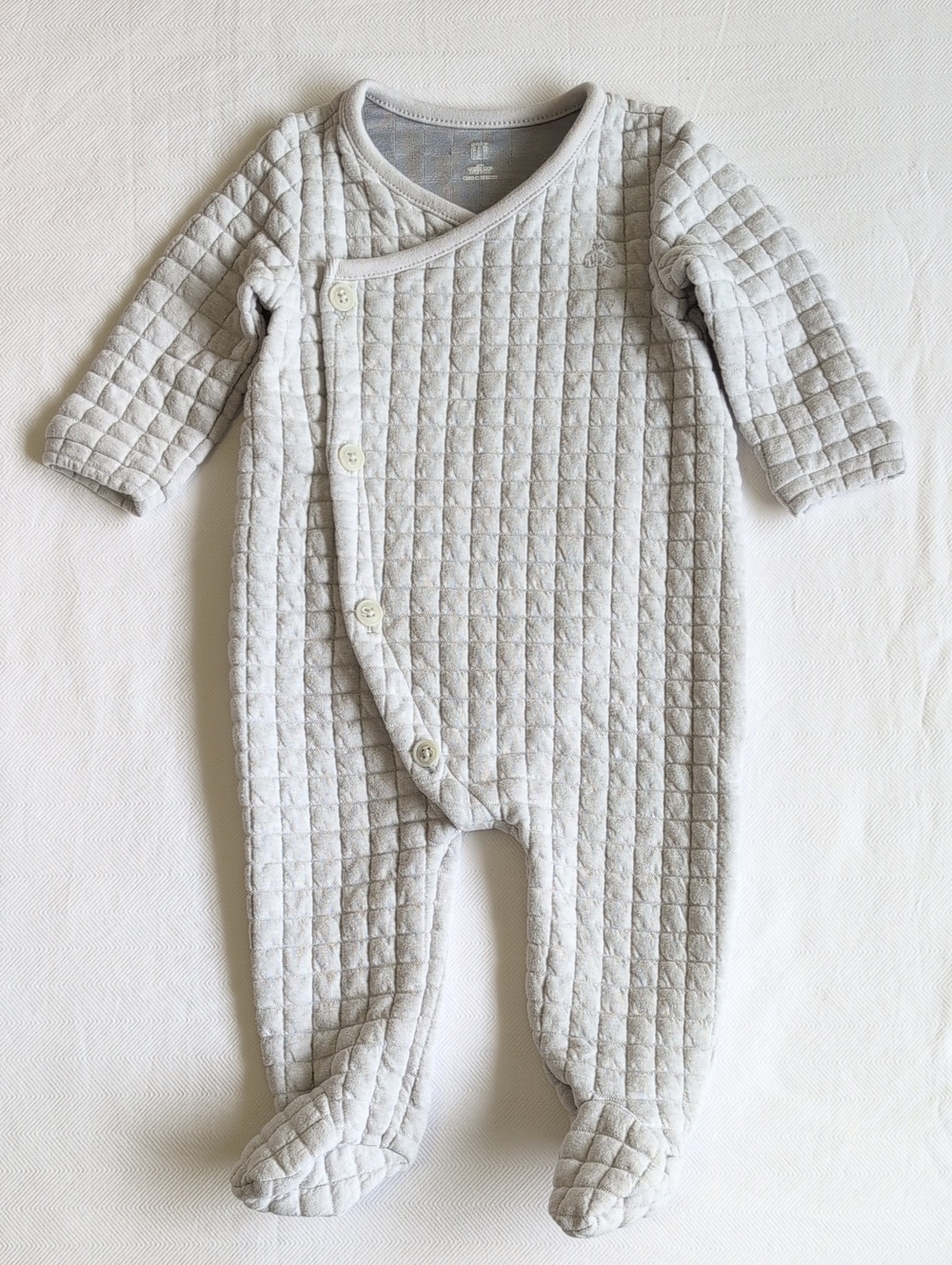 BABY GAP | Quilted Grid Kimono Asymmetric Snap Footie Sleeper Soft Gray | 6-9M